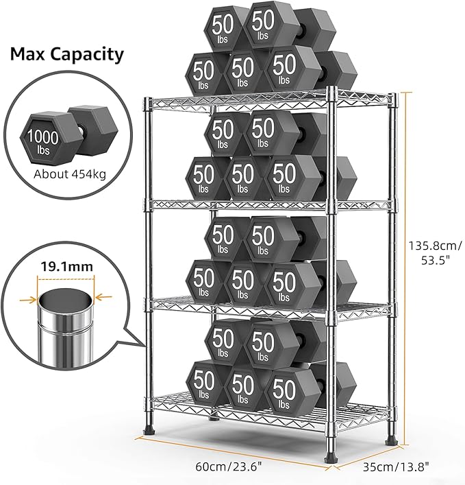 1000 lbs Storage Shelving 4-Tier Utility Shelving Unit Steel Organizer Wire Rack for Home,Kitchen,Office,Chrome (13.7" D x 23.6" W x 53.4" H)-Ruum Studio Home