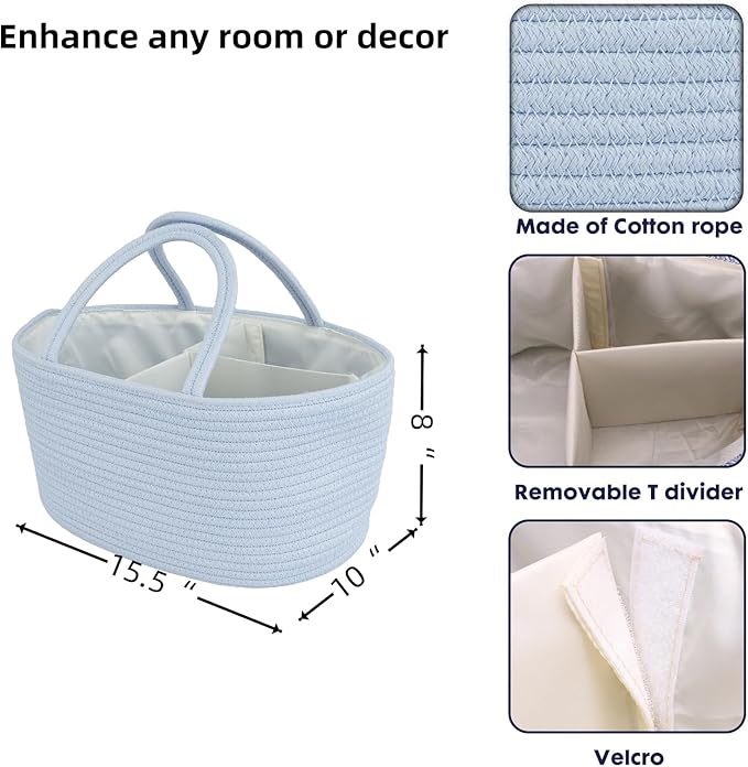 Diaper Caddy Organizer Cotton Rope Baby Basket Nursery Storage and Portable Tote Bag for Car Ideal Baby Shower Gifts and Registry Must-Have for Newborn Essentials Large blue-Ruum Studio Home