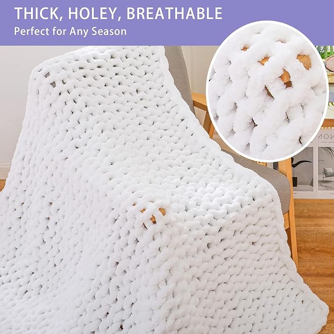 Bigacogo Chunky Knit Throw Blanket for Couch, 40x60 inches, 100% Hand Knitted with Thick Jumbo Chenille Yarn, Cozy Soft Large Rope Knot Cable Crochet Blankets for Sofa Bed Living Room, White-Ruum Studio Home