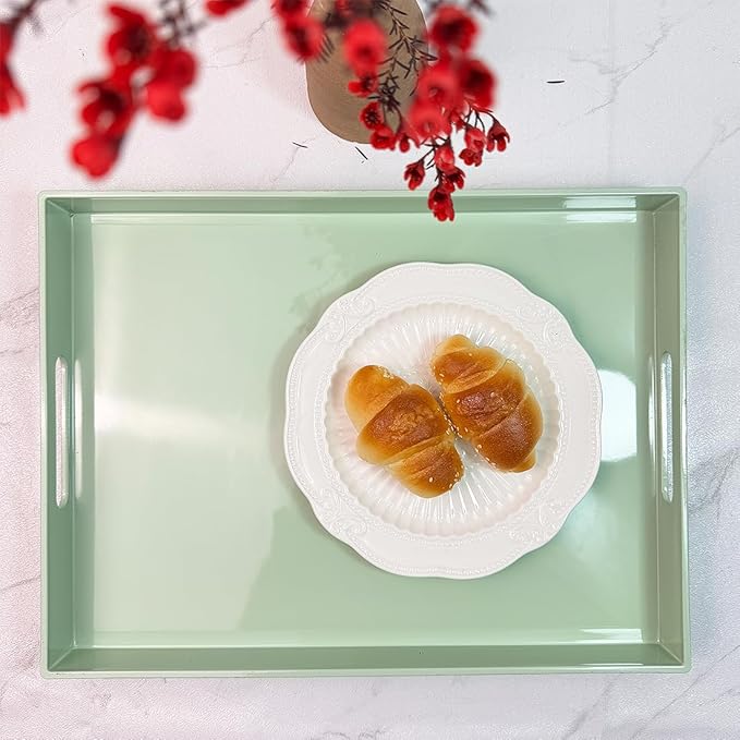 Turquoise Green Decorative Tray, Rectangular Large Serving Tray with Handles, Plastic Coffee Table Tray for Ottoman, Living Room, Kitchen Tabletop,15.7” x 11.8” x1.6”-Ruum Studio Home
