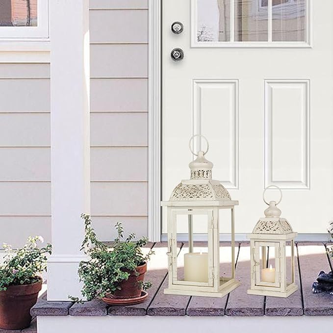 DECORKEY Large Lantern Decorative Outdoor & Indoor, Set of 2 (14’’&10’’) Metal Candle Lanterns Decor, Vintage Hanging Candle Holder for Front Porch Patio Wedding Farmhouse Home, Spring Decoration-Ruum Studio Home