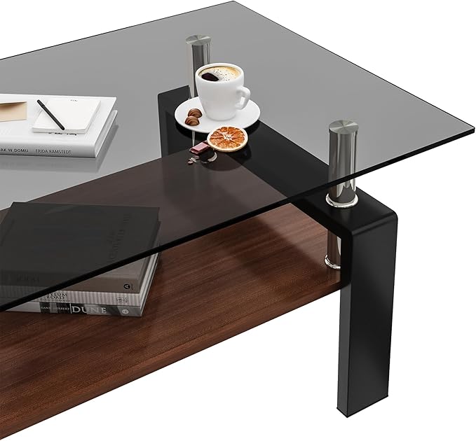 Glass Coffee Table Rectangle Living Room Center Table, with Gray Tempered Glass Tabletop and Brown MDF Layer,for Living Room and Office, Gray+Brown-Ruum Studio Home