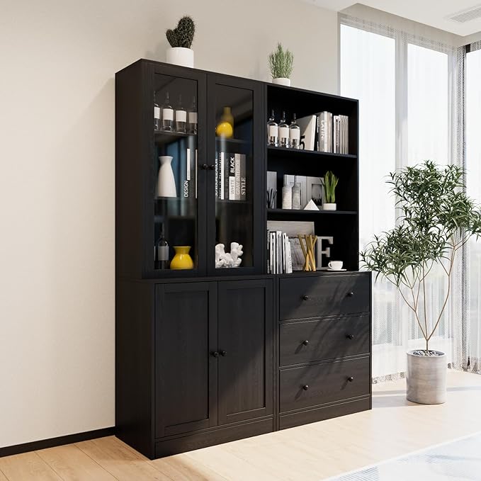 TUSY 71" Bookshelf Bookcase, 3-Tier Modern Bookshelves 3 Large Drawer, Wood Filing Cabinet with Open Storage Shelf, Glass Doors 5-Tier Fixed Storage Shelves for Home Office (Black)-Ruum Studio Home