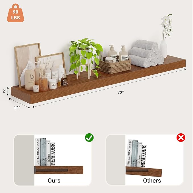 Heimlove 12 Inch Deep Floating Shelves, 72 x 12 inches Long Wall Shelf, Large Extra Display Shelf & Storage Shelf, Rustic Wood Wall Shelves for Fireplace Mantel, Walunt - 1Pack-Ruum Studio Home