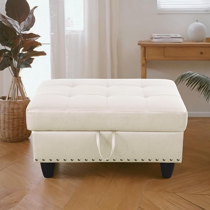 Ottoman Rectangular Storage Ottoman Bench, Faux Leather Footrest, Coffee Table, Stool Footstool with Hinged Lid for Living Room, Bedroom, Entryway, White, 28.5"x19"x17.5"-Ruum Studio Home