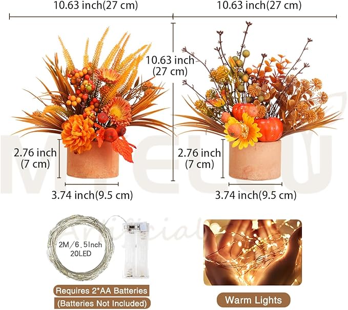 Thanksgiving Centerpiece Fall Table Flower - 2 Pack Lighted Realistic Artificial Table Plant with Western Modern Boho Rustic Aesthetic Bouquet Fall Decor Gift for Home Farmhouse-Ruum Studio Home