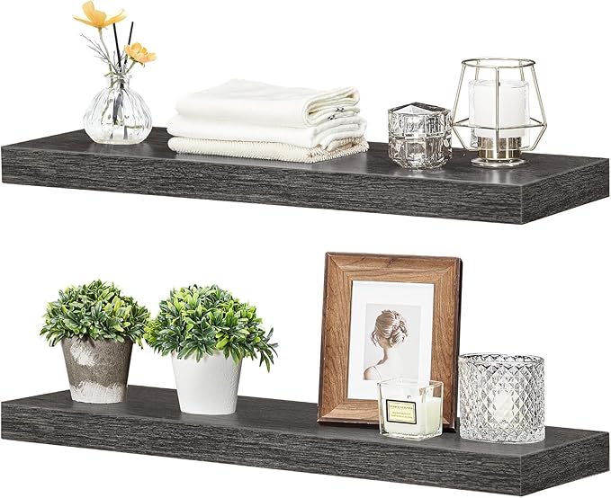 HOOBRO Floating Shelves for Wall, Wall Mounted Shelf Set of 2, 23.6" Hanging Shelf with Invisible Brackets, for Wall in Bathroom, Bedroom, Toilet, Kitchen, Living Room, Office, Charcoal Gray BC60BJ01-Ruum Studio Home