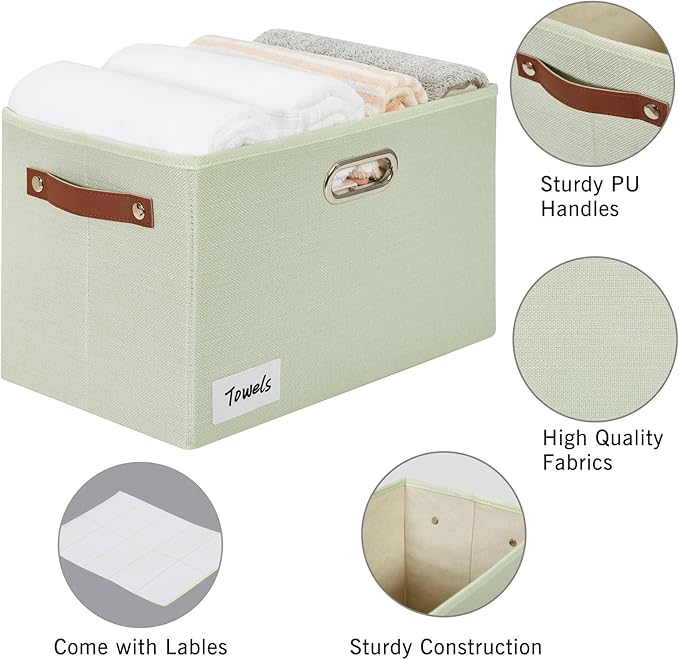 Large 3-Pack Foldable Fabric Storage Bins with Durable PU & Metal Handles, Collapsible Storage Baskets for Shelves, Home Storage, Closet Organizers, Living Room(14.9"x9.8"x9.8", Sage Green)-Ruum Studio Home