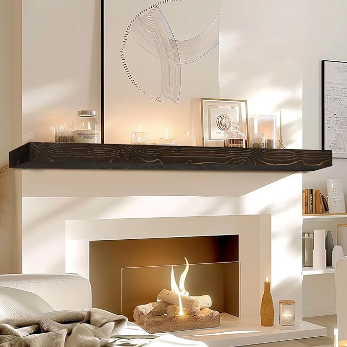 60x8x3 Fireplace Mantel - Solid Rustic Wood - Wall Mounted Floating Shelf with Invisible Heavy Duty Steel Bracket (Weathered Black)-Ruum Studio Home