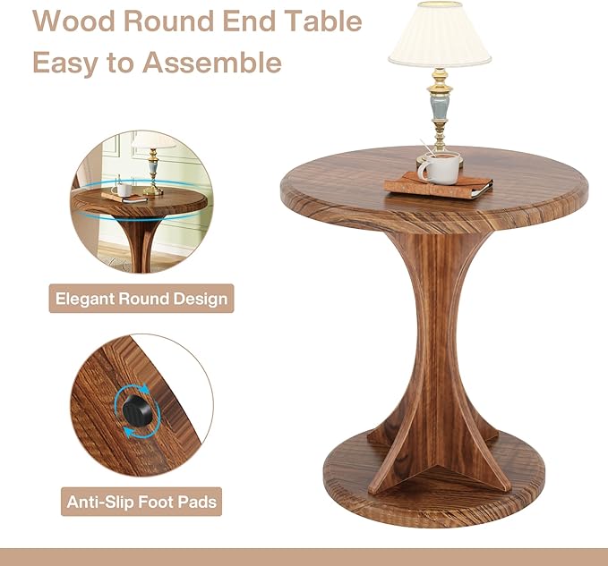 Tribesigns Round End Table for Living Room, Wood Side Table Set of 2, Mid-Century Bedside Nightstand for Bedroom, Accent Table, Easy Assembly, Vintage Brown-Ruum Studio Home