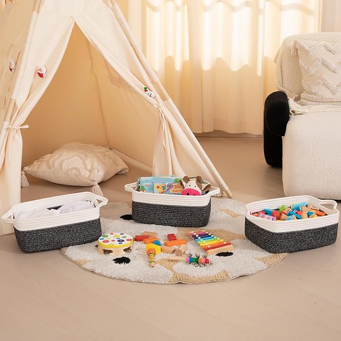 OIAHOMY 3 Pack Storage Baskets for Organizing, Woven Cotton Rope Basket for Shelves, Closet Organizer Bins with Handles, Rectangle Toy Organization, 13.78''×9.84''×5.5'', Black & White-Ruum Studio Home