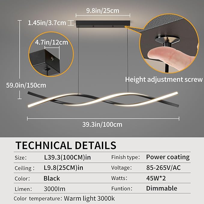 Modern Ceiling Pendant Light, Dimmable LED Pendant Light, Dimmable 3 Color Mode Chandelier for Living Room, Dining Room, Kitchen, Bedroom,Bar(Black, 39IN)-Ruum Studio Home