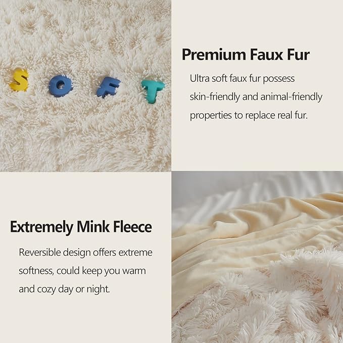 GONAAP Fuzzy Faux Fur Throw Blanket Queen Size Ivory Super Soft Cozy Plush Fuzzy Shaggy Blanket for Couch Sofa Bed (Ivory, Queen(90"x90"))-Ruum Studio Home