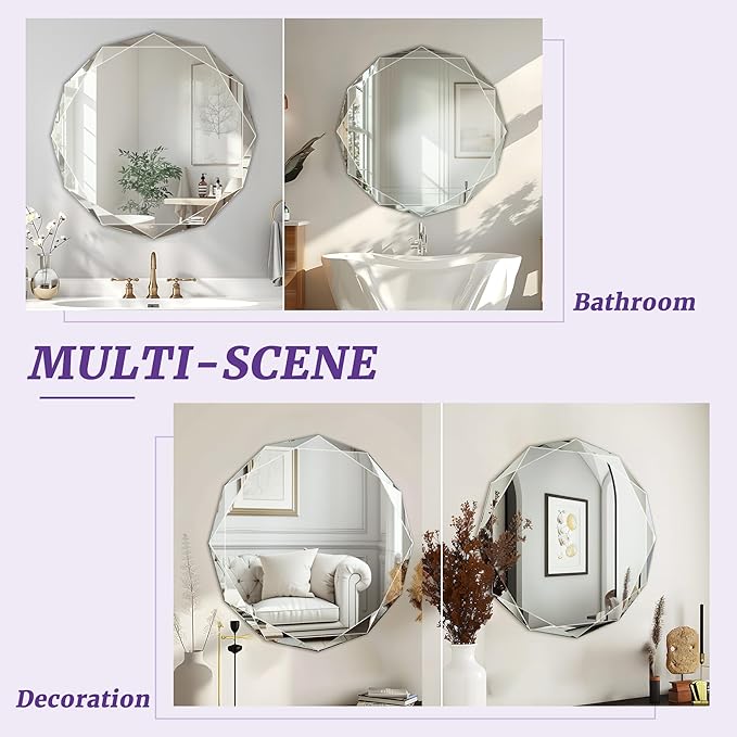 Bathroom Mirror for Wall, 24" x 24" Circle Bathroom Vanity Mirror, Beveled Edge Frameless Wall Mount Vanity Mirror, Decorative Round Irregular Beveled Edge-Ruum Studio Home