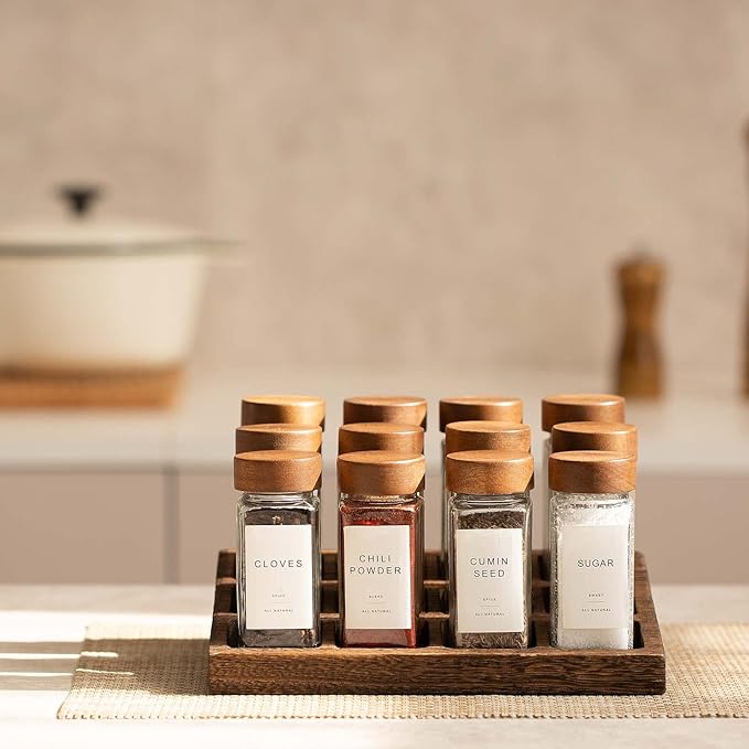 Yangbaga 24Pcs Glass Spice Jars with Labels-4oz Acacia Wood Lid Square Spice Containers and 2pcs Rack with Pepper Grinder Lids &Funnel,Seasoning Jars for Rack Cabinet Drawer-Ruum Studio Home