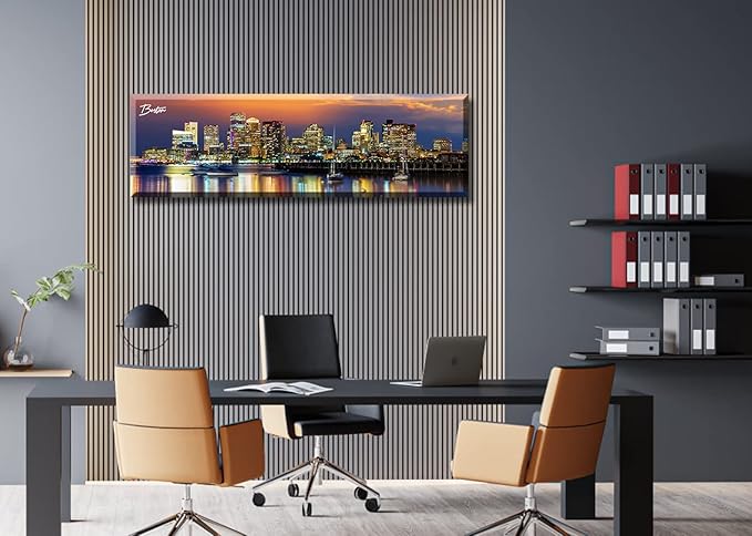 DJSYLIFE Boston Skyline Wall Art Canvas Prints Colorful USA City Night Pictures Modern Panoramic Cityscape Posters Paintings for Bedroom Office Decor, Ready to Hang 13.8"x45.3"-Ruum Studio Home