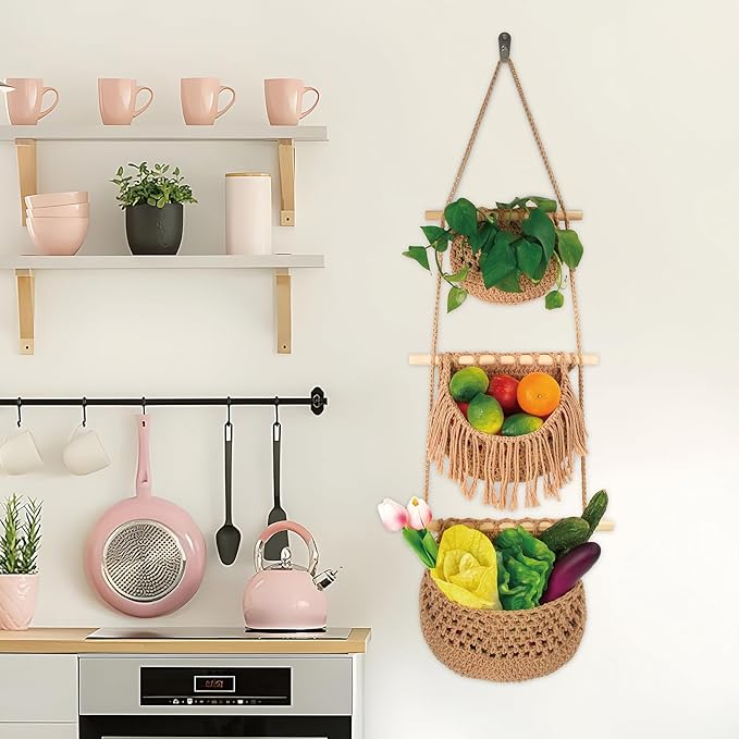 3 Tier Hanging Fruit Basket for Kitchen, Handmade Woven Cotton Hanging Wall Basket for Fruit Vegetable with 6 Hooks, Boho Style Over The Door Organizer for Living Bathroom Bedroom-Ruum Studio Home