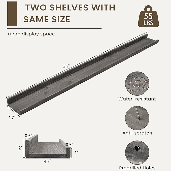 Floating Shelves for Wall, Picture Ledge Shelf 55 Inch Solid Wood Set of 2, Rustic Wall Shelves with Lip, Kids Bookshelf, Photo & Picture Live Edge Floating Shelves for Bedroom, Living Room, Kitchen-Ruum Studio Home