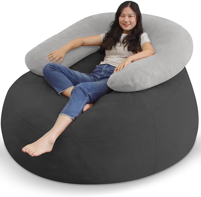 HABUTWAY Bean Bag Chair with U-shaped Pillow for Adult and Kids Big BeanBag Chair with Filling Ultra Soft Faux Fur Couch Chair with Washable Cover for Living Room Bedroom Office, Dark Grey& Light Grey-Ruum Studio Home