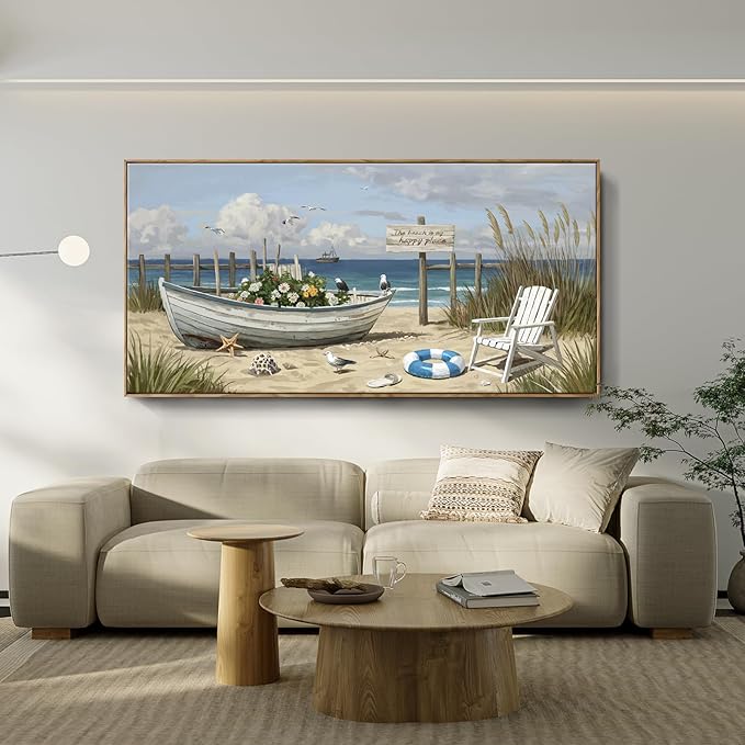 amatop Giant Framed Beach Wall Art Large Nautical Seaside Canvas Print Flower Boat Ocean Horizontal Landscape Picture Sea Birds Artwork for Coastal Farmhouse Living Room Bedroom Office Decor 58×29 Inch-Ruum Studio Home