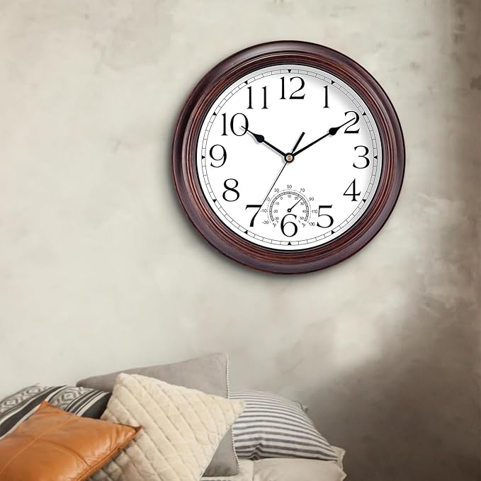 8.5 Inch Outdoor Wall Clock with Thermometers, Vintage Silent Wall Clocks Battery Operated, Retro Non-Ticking Clock Decorative for Living Room, Patio, Kitchen, Office, Bathroom, Bedroom(Bronze)-Ruum Studio Home