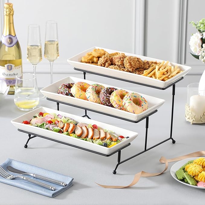 MALACASA 3 Tier Serving Tray, Porcelain Tiered Cupcake Stand, Ceramic Elevated Serving Platter with Collapsible Sturdier Rack,Series PLAT (White, 14 Inch)-Ruum Studio Home