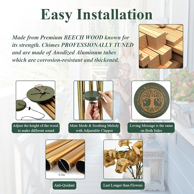 Wind Chimes for Outside, Large Outdoor Windchimes with Engraved Tree of Life, Premium Tuned Metal Chimes for Mother/Grandma, Home & Garden Decor with Soothing Tone-Ruum Studio Home