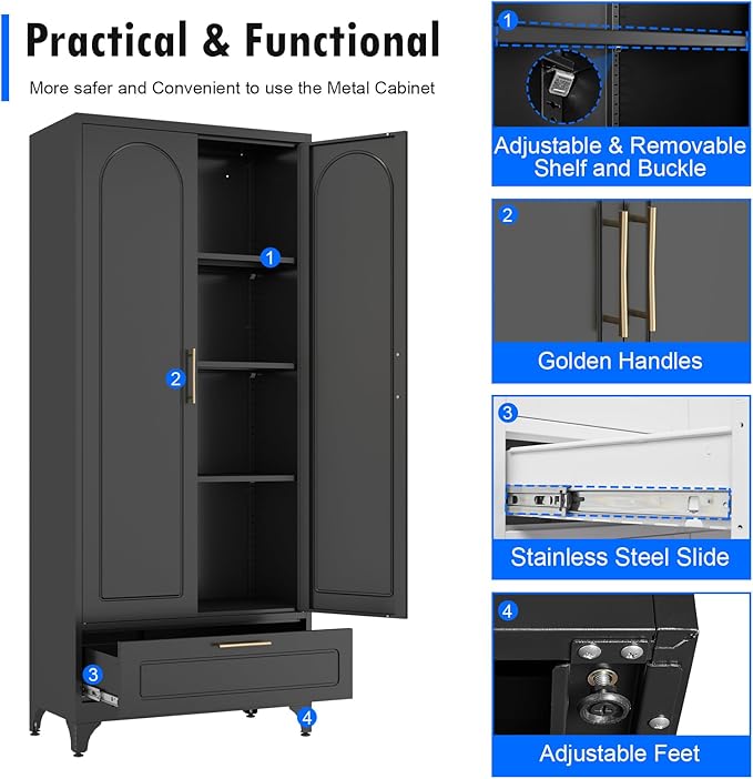 Black Pantry Kitchen Cabinet with Drawer, 75 Inch Metal Storage Cabinet with Doors and Shelves, Steel Food Pantries, Large Freestanding Cupboard for Living&Dining Room-Assemble Required-Ruum Studio Home