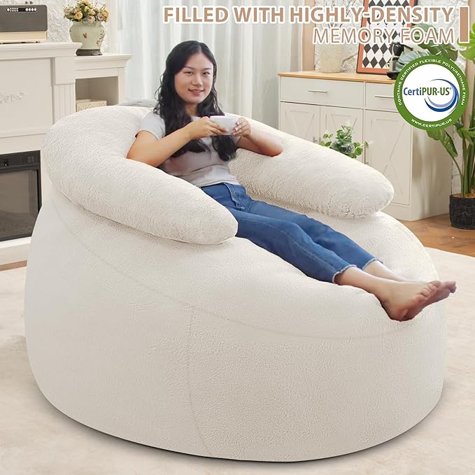 HABUTWAY Bean Bag Chair with U-Shaped Pillow for Adult and Kids Big BeanBag Chair with Filling Ultra Soft Faux Fur Couch Chair with Washable Cover for Living Room Bedroom Office, Beige & Beige-Ruum Studio Home