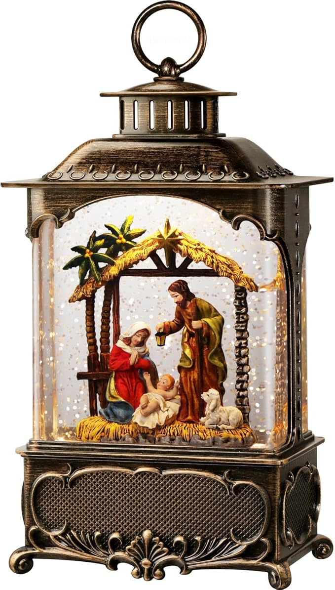 Nativity Snow Globe Lantern Christmas Decorations Gifts Auto Snowfall Glitter Music Collection Manger Sheep Pen Nativity Scene with 6H Timer USB/Battery Powered 10.2 inch-Ruum Studio Home