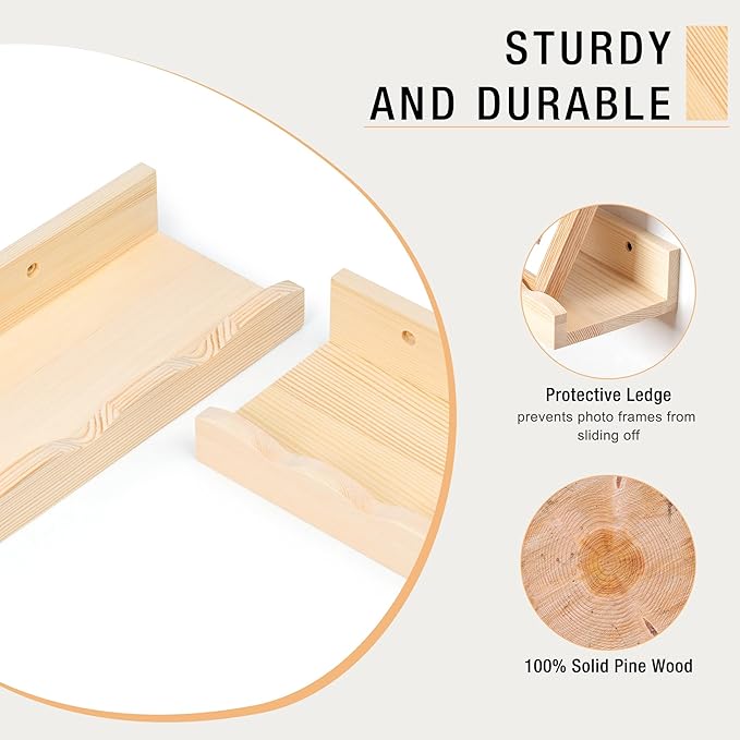 Fun Memories Picture Ledge Shelf for Wall, 48 inch Pine Wood Nursery Book Shelves Set of 2- Wall Book Shelves for Kids Room, Home Decor - Kitchen Spice-Natural-Ruum Studio Home