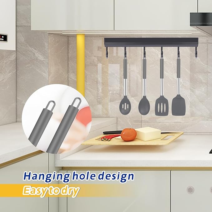 5-Piece Silicone Kitchen Tool Set, BPA-Free, Heat-Resistant, Non-Stick & Dishwasher-Safe, with Slotted/Solid Spoons & Spatulas for Frying, Mixing, Draining – Includes Multi-Purpose Serving Hook(Gray)-Ruum Studio Home