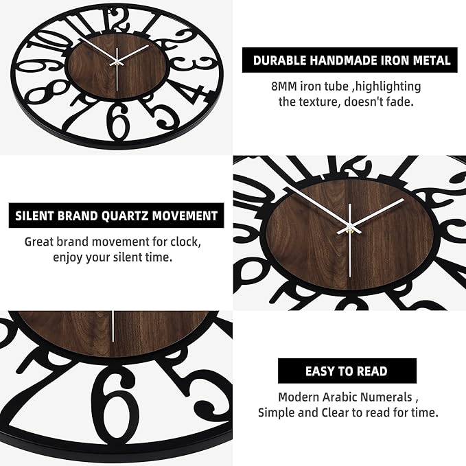 LEIKE 32" Oversized Large Wall Clocks,Silent,Non Ticking,Battery Operated Modern Round Big Wood Decorative Metal Wall Clock for Living Room, Bedroom,Kitchen,Farmhouse,Office Decor - Black,32 Inch-Ruum Studio Home