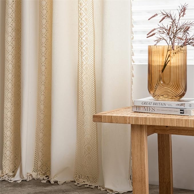Sutuo Home Boho Curtain Crochet Dots Patchwork Semi-Blackout Bohemian Handmade Tassels, Rod Pocket Window Treatment Vintage Rustic Farmhouse Drapes for Living Bedroom, 1 Panel 59" W x 96" L, Beige-Ruum Studio Home