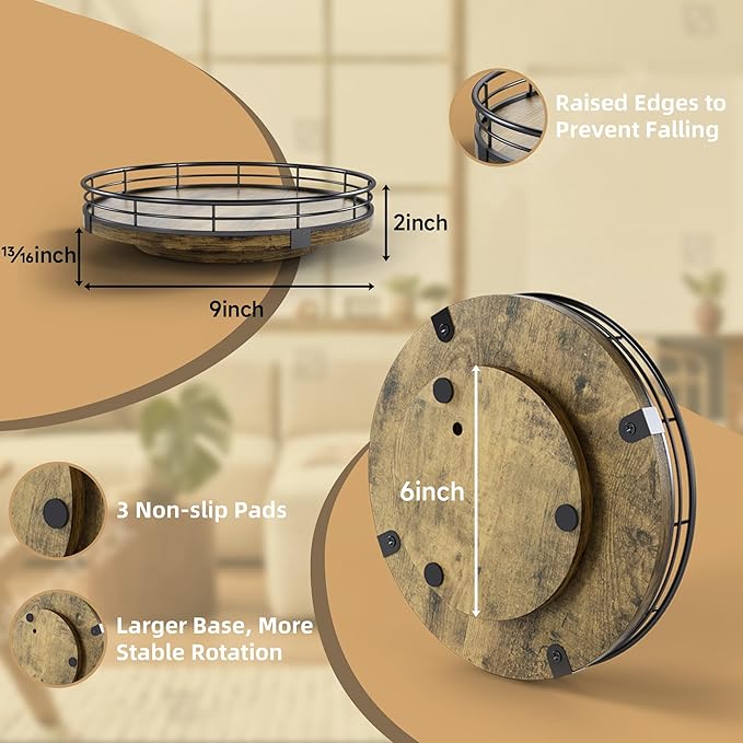Lazy Susan Turntable Organizer for Table Top, 9’’ Round Wooden Lazy Susan for Cabinet Kitchen Countertop Pantry Dining Coffee Table for Condiments Spices, Rustic Bathroom Vanity Tray for Soap Candle-Ruum Studio Home
