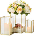 Glass Hurricane Candle Holder Large - Hewory 3pcs Gold Rectangle Flower Holders Centerpiece for Table, Tall Floor Square Pillar Candle Lantern for Wedding, Anniversary, Party, Fireplace, Dining Room-Ruum Studio Home