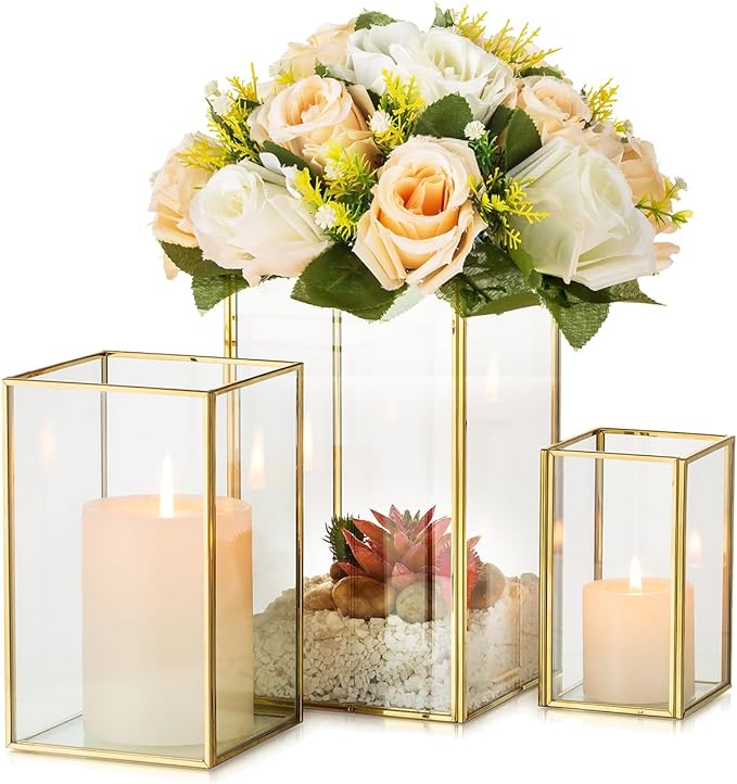 Glass Hurricane Candle Holder Large - Hewory 3pcs Gold Rectangle Flower Holders Centerpiece for Table, Tall Floor Square Pillar Candle Lantern for Wedding, Anniversary, Party, Fireplace, Dining Room-Ruum Studio Home
