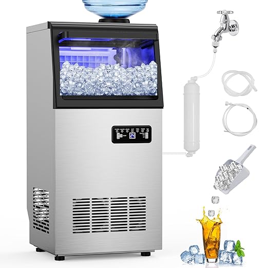 Commercial Ice Maker Machine 110 LBS/24H, 36 Ice Trays Freestanding & Undercounter Ice Machine Stainless Steel with 20 LBS Ice Storage Capacity, Ice Maker with Water Line and Filter, Dual Water Inlet-Ruum Studio Home