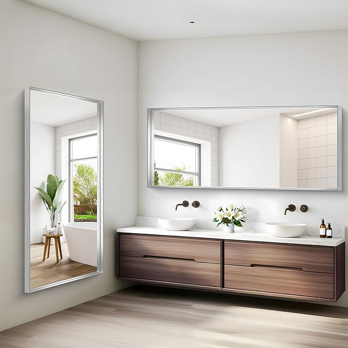 Silver Bathroom Mirror, 72x30 Inch Rectangular Deep Frame Mirror, Large Wall Mounted Bathroom Vanity Mirror Over Sink for Bedroom,Restroom, Living Room, Hangs Vertically or Horizontally-Ruum Studio Home