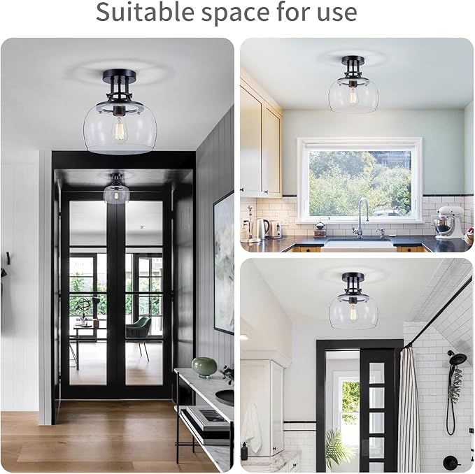 WUZUPS Chandelier Rustic Farmhouse Industrial Round Semi-flushmount Ceiling LED Light Fixture with Clear Glass Shades for Bathroom Kitchen Foyer Entryway, H 10" x W 10", E26 Base, Black-Ruum Studio Home