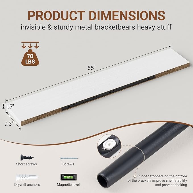 Heimlove 55 Inch Long Floating Shelves for Wall,9.3" Deep White Floating Shelves Set of 2,Large Display Shelf & Storage Shelf,Wall Mounted Shelves for Bedroom Living Room Kitchen Office-Ruum Studio Home