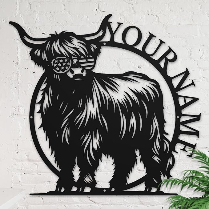 Personalized Highland Cow Name metal Signs,Custom Highland Cow Metal Shed Wall Decor,Black Metal Wall Art Plaques Outdoor wall Decorative Signage (Style G)-Ruum Studio Home