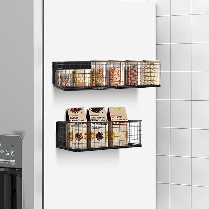 Magnetic Basket, Magnetic Shelf for Fridge,Magnetic Spice Rack Wire Mesh Magnetic Organizer Holder Accessories for Office Kitchen Classroom Storage, Black-High, Large x1&Small x1 Set of 2-Ruum Studio Home