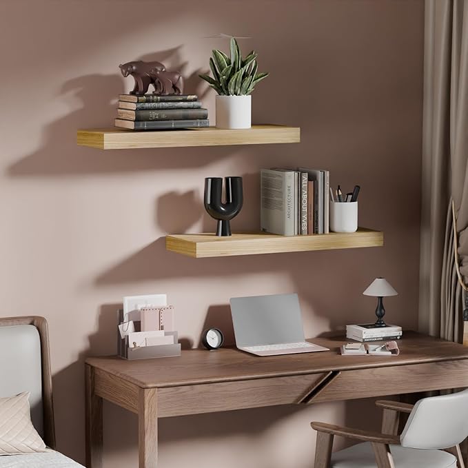 IAE Floating Wall Shelves 16 inch,Bathroom Shelves Wall Mounted,Invisible Shelves Floating Kitchen Shelves,Wooden Wall Shelves with Brackets for Living Room Wall Mounted,Easy Install,Set of 2,Natural-Ruum Studio Home