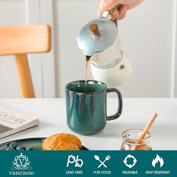 vancasso STARRY Coffee Mugs Set, 12 oz Ceramic Coffee Cups for Latte Hot Tea Cappuccino Cocoa Milk Stoneware Cups Set of 6, Dishwasher & Microwave Safe, Green-Ruum Studio Home