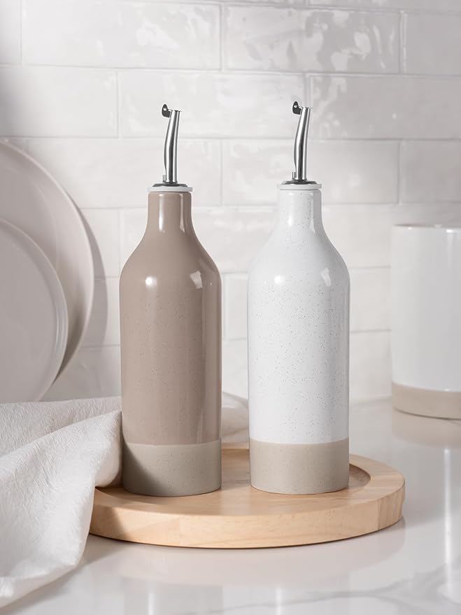famiware Milkyway 16oz Ceramic Olive Oil Dispenser Bottle, Olive Oil and Vinegar Dispenser Bottle Set of 2 with Stainless Steel Pourers, Suitable for Storage Vinegar, Liquids, White and Cinnamon Brown-Ruum Studio Home