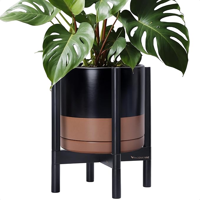 D'vine Dev Ceramic Planter with Ebony Stand - 12 Inch Modern Round Flower Pot with Wood Planter Holder, Black/Speckled Tan, 55-B-H-7-Ruum Studio Home