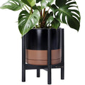 D'vine Dev Ceramic Planter with Ebony Stand - 12 Inch Modern Round Flower Pot with Wood Planter Holder, Black/Speckled Tan, 55-B-H-7-Ruum Studio Home