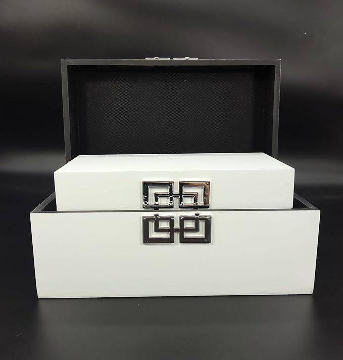 Galt International Storage Box Set Decorative Storage Box w/Hinged Lid Classic Design Wood Decor Boxes with Geometric Clasp Storage for Bedroom & Home - Set of 2 (White & Silver)-Ruum Studio Home