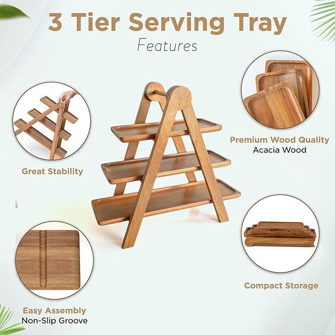 MAJURI 3 Tier Wooden Serving Tray, Set of 2 Tongs Free, Tiered Serving Trays & Platters for Party, Wedding, Picnic, Your Perfect Elevated Charcuterie Stand and for 3 Tiered Dessert Stand Lovers-Ruum Studio Home